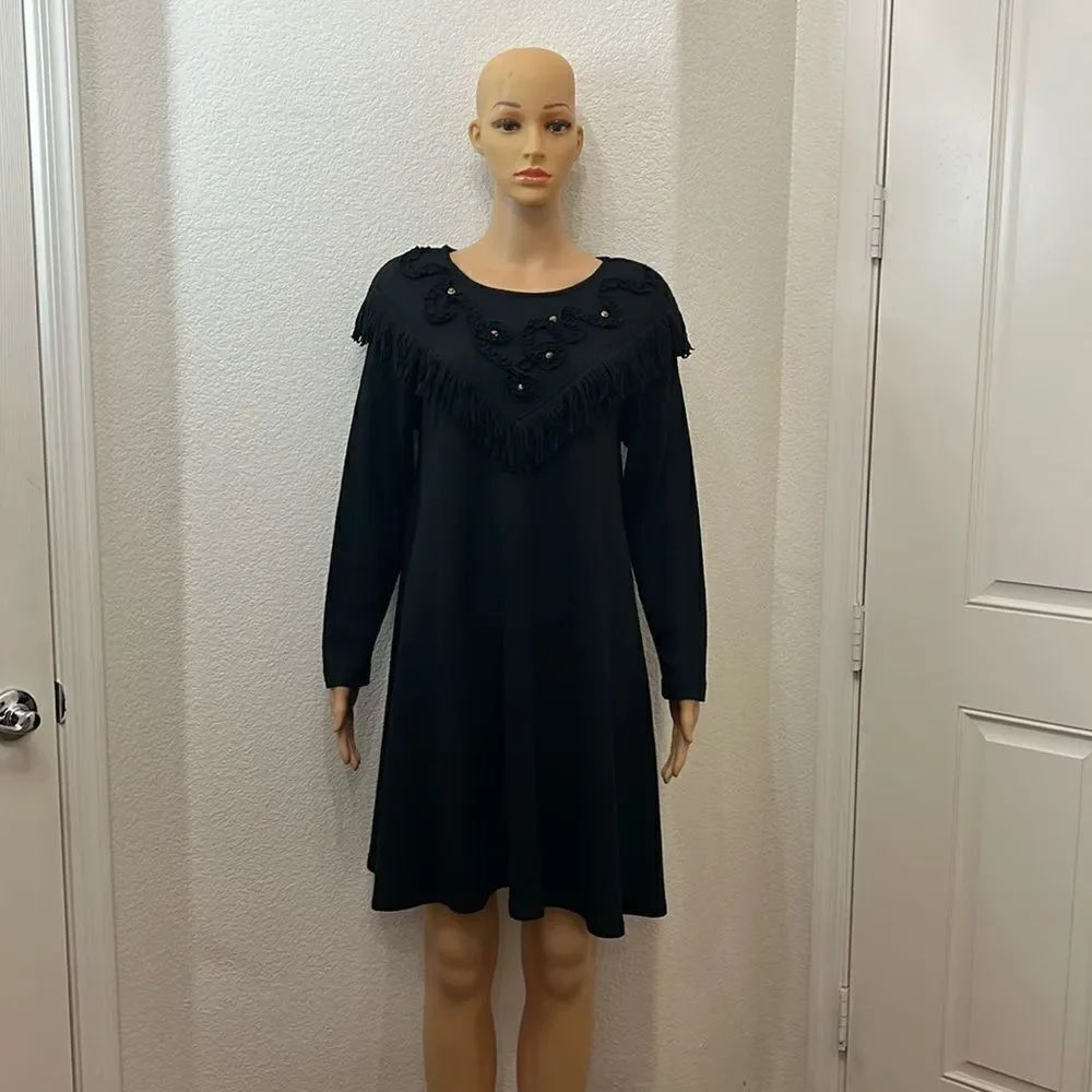 CL Carol Little Dress Sz 6 Black Wool Scoop Neck Long Sleeve Gem Stone Fringe